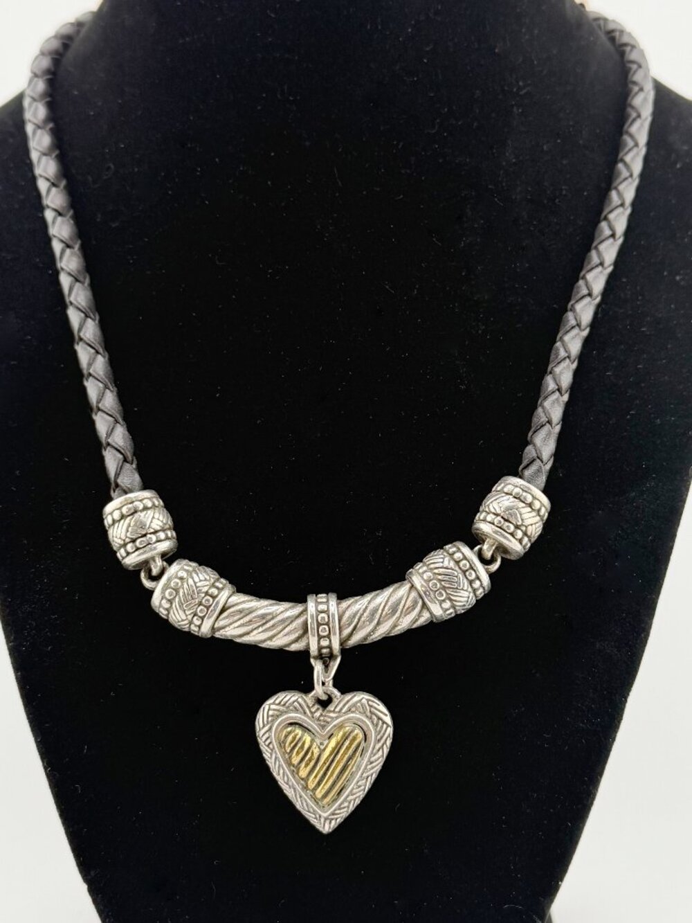 BRIGHTON Braided Cord 16" Heart Pendant Necklace Gold/Silver Toned